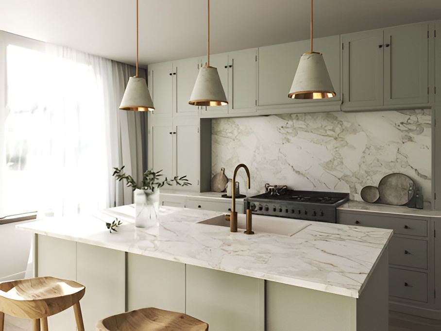 Modern kitchen with marble island, gold faucet, pendant lights, wood stools and light green cabinets with marble backsplash.