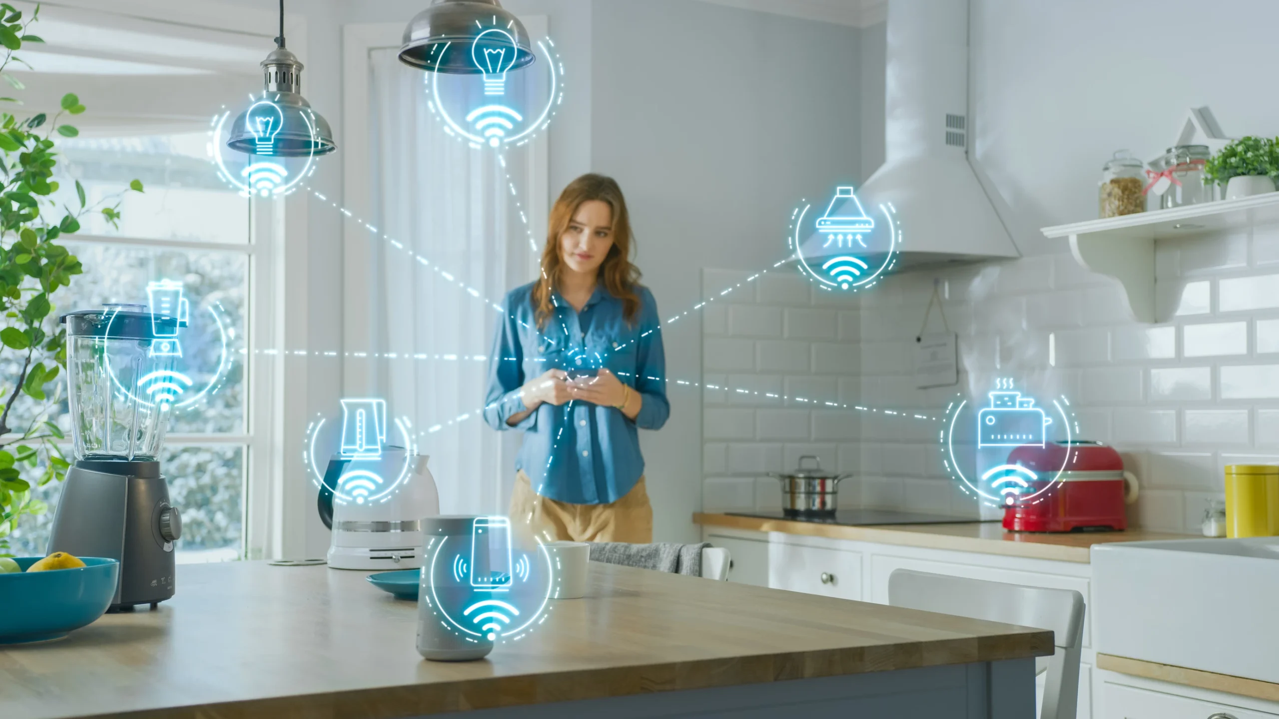 A woman in a modern kitchen uses a smartphone, surrounded by smart appliances and IoT integration digital icons.