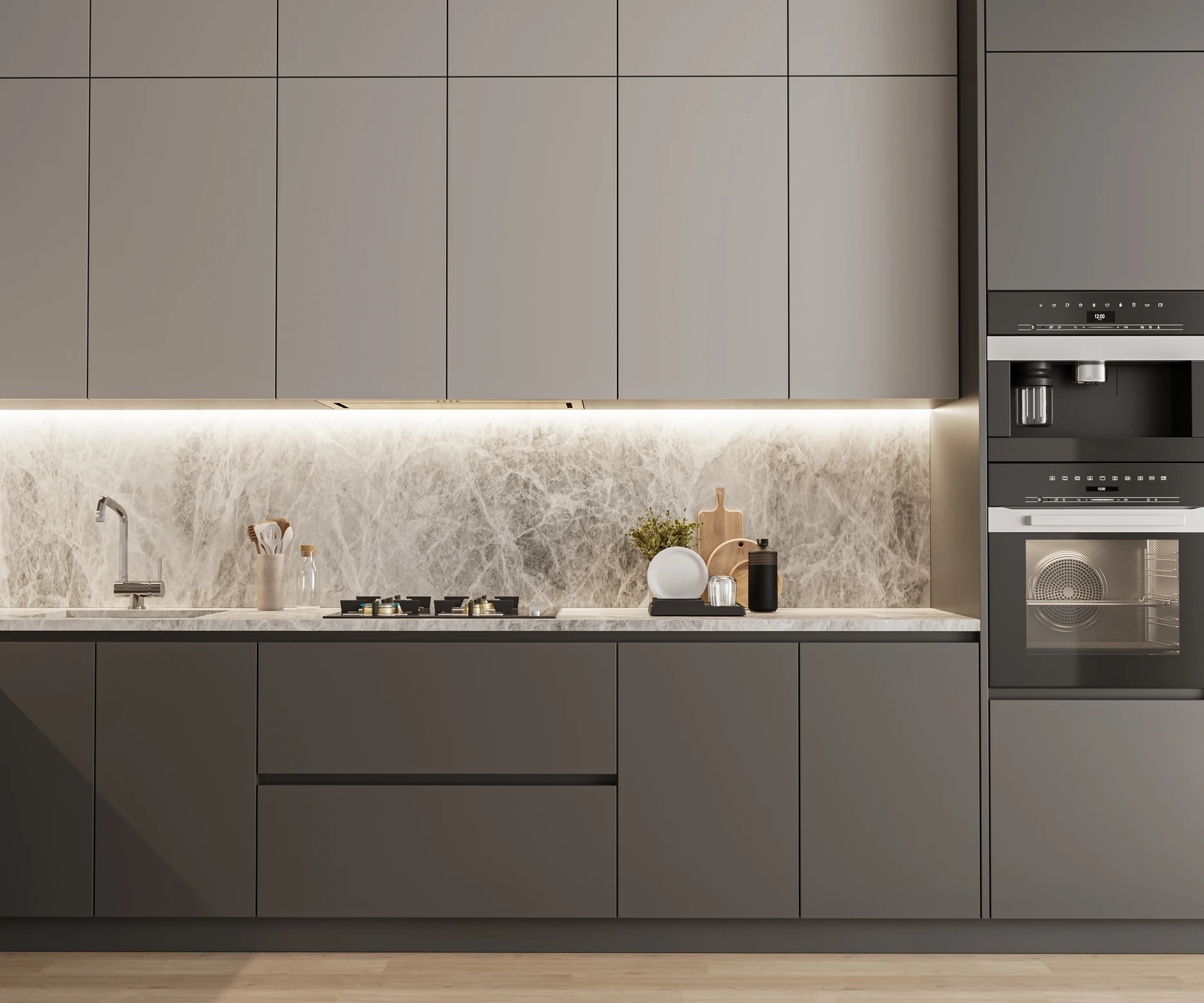 Sleek modern kitchen with matte gray cabinets, marble backsplash, and minimal decor—Red Hot Kitchens inspiration.