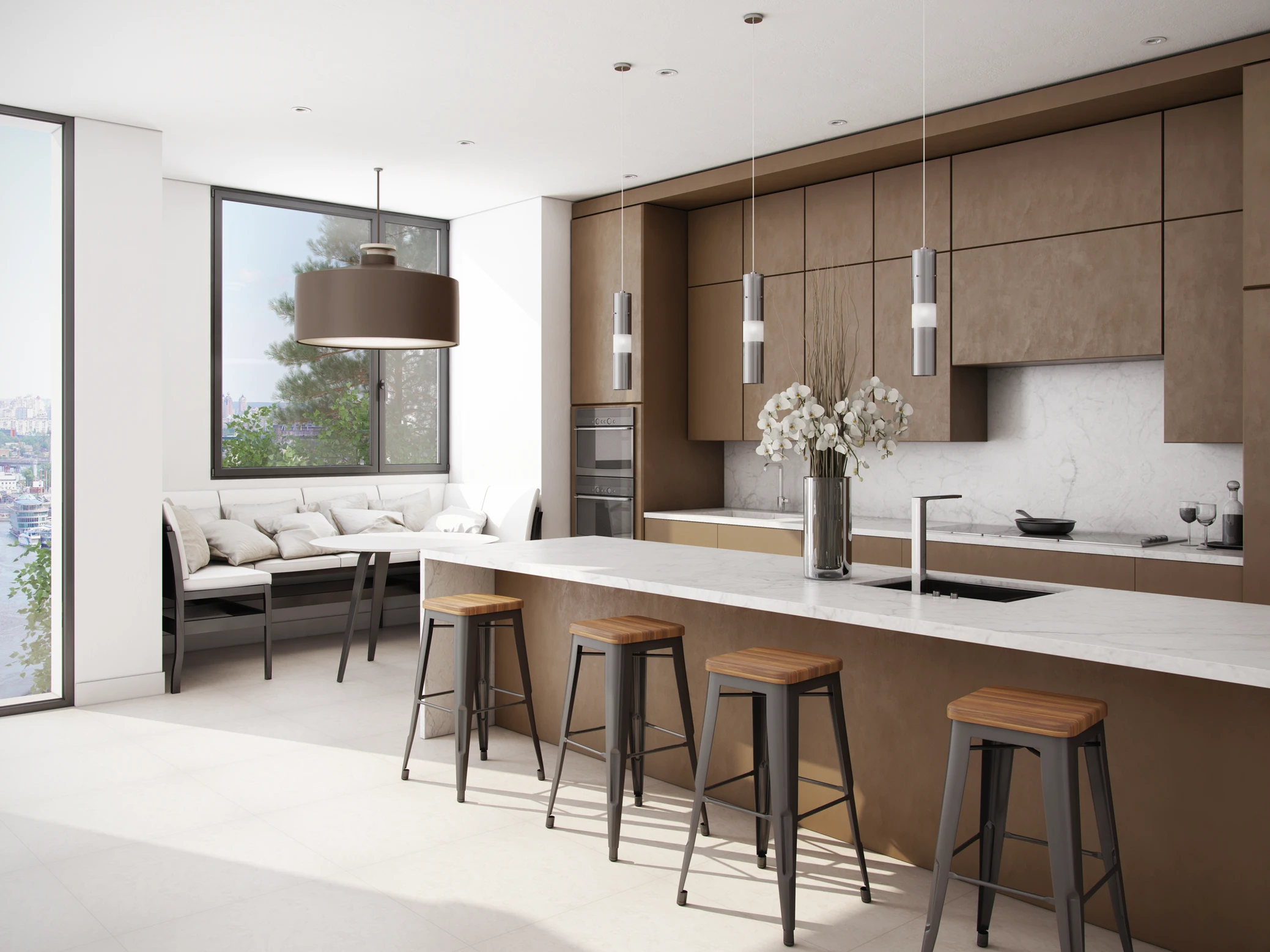 Modern kitchen by Red Hot Kitchens with brown cabinets, white countertops, and a window seat—kitchen makeover idea.