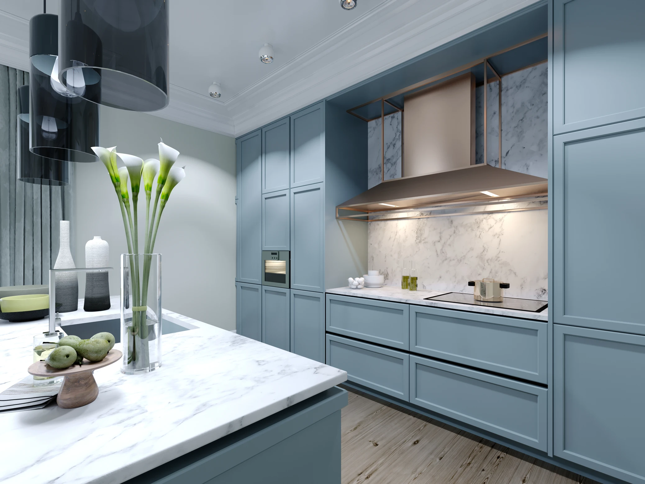 Modern kitchen with blue cabinets, marble countertops, built-in stove, and island—Red Hot Kitchens Northern Beaches.